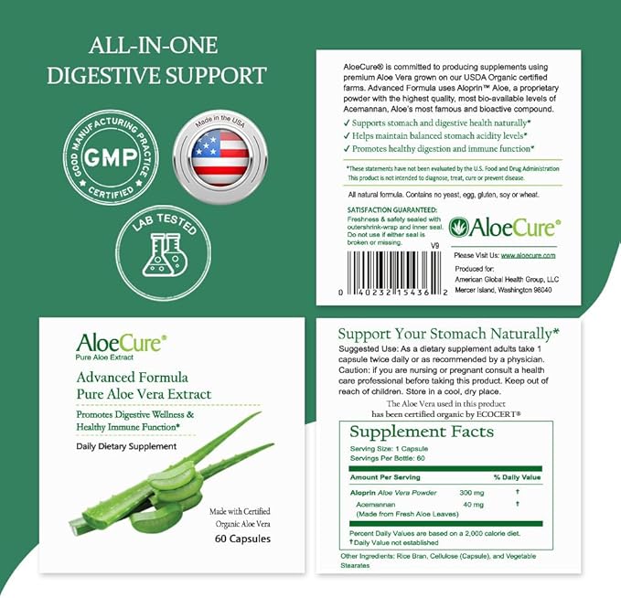 AloeCure Organic Aloe Vera Capsules, 130,000mg Inner Aloe Leaf Equivelant per Serving, Support Gut, Digestive, & Immune Health, Helps Maintain Balanced Stomach Acidity, Aloin Free, 60Caps x 2Btl