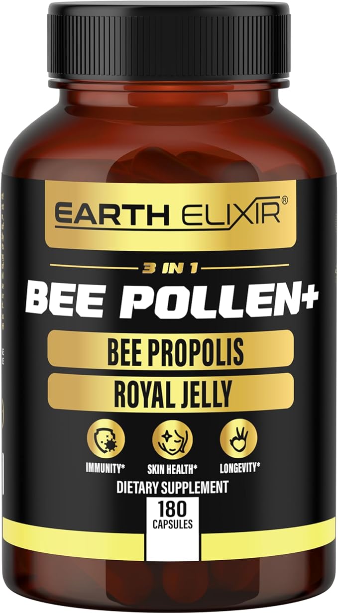 3-in-1 Bee Pollen Organic 840mg (180 Caps) W/ 840mg Bee Propolis Capsule & 840mg Royal Jelly Capsule - 3rd Party Tested - Bee Pollen Supplement - Organic Bee Pollen Capsule -No Fillers