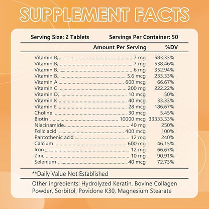 Hair Skin and Nails Multi-Vitamin for Men & Women, 10000mcg Biotin & Multimineral, Contains B-Vitamins, Vitamins C, E & D3, Trace Minerals, Zinc, Gluten-Free, Dairy-Free, Soy-Free, 100 Tablets