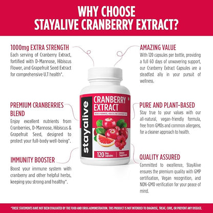 STAY ALIVE Cranberry Pills for Women and Men 1000mg with D-mannose, Hibiscus and Grapefruit Seed Extract, 120 Count, D-mannose Cranberry Supplement, Vegan, Non-GMO & Gluten-Free Powder Capsules