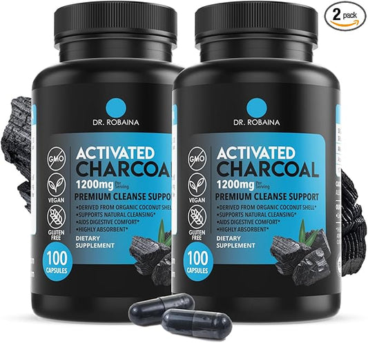Dr. Robaina Activated Charcoal Capsules - 1200 mg Natural Detox and Digestive Support - 100 Capsules, Made in USA