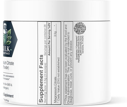 Pure Magnesium Citrate Powder – Unflavored 100g Supplement for Muscle, Heart & Digestive Support – USA Made, Free from GMO & Gluten – Magnesio 3.5g Per Serving