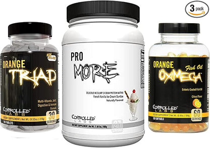 CONTROLLED LABS Bundle - Orange Triad (30 Serv), Orange Oximega Fish Oil (120 softgels), PROmore Protein (27 Serv) French Vanilla Ice Cream Sundae