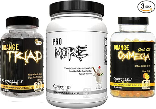 CONTROLLED LABS Bundle - Orange Triad (30 Serv), Orange Oximega Fish Oil (120 softgels), PROmore Protein (27 Serv) French Vanilla Ice Cream Sundae