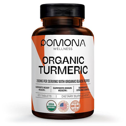 Pomona Wellness Organic Turmeric Supplement 2100 mg, USDA Organic, Non-GMO, Vegan, Turmeric Curcumin with Black Pepper for Absorption, for Joint Support and Immunity, 120 Tablets