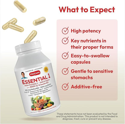 ANDREW LESSMAN Essential-1 Multivitamin 3000 IU Vitamin D3 180 Small Capsules - 100 mcg Methyl B12. CoQ10 Lutein Lycopene Zeaxanthin. High Potency. No Additives. Ultra-Mild. One Daily Capsule
