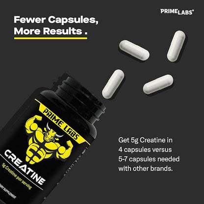 Prime Labs Creatine Monohydrate Capsules - 5g (5000mg) - Muscle Growth, Recovery, Brain Function - for Men & Women - 120 Count