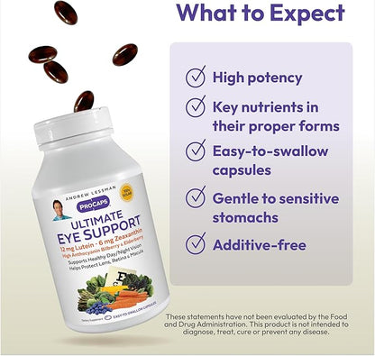 ANDREW LESSMAN Ultimate Eye Support 180 Softgels - 12mg Lutein, 6mg Zeaxanthin, Bilberry, Key Nutrients to Support Eye Health and Promote Healthy Vision. No Additives. Easy to Swallow Softgels