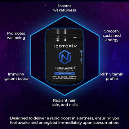 Collagenius v2.0 - Nootropic Blended Powder of 4 Mushrooms: Lions Mane, Reishi, Chaga, Cordyceps with Collagen & Superfoods - Brain Supplement (15 Servings)