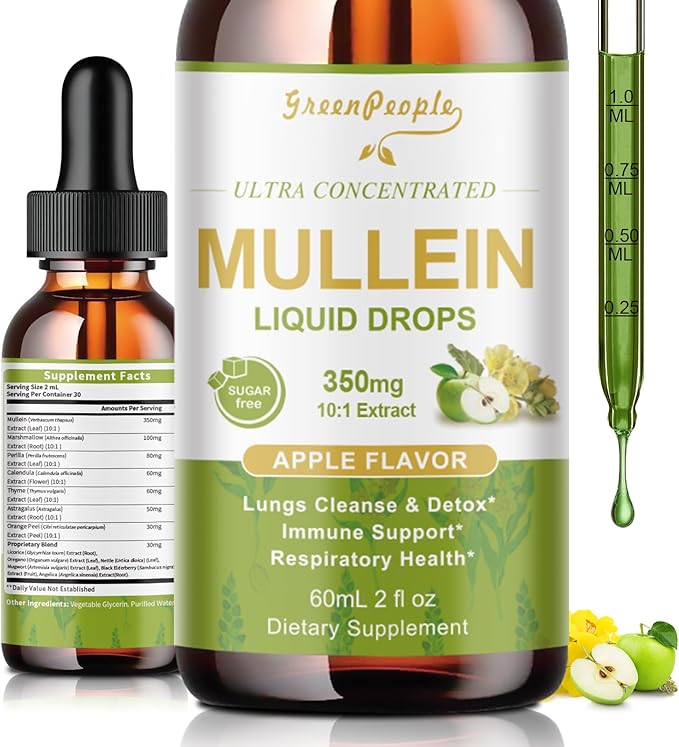 Mullein Leaf Extract Drops - 13-in-1 Botanical Extract Blend with Marshmallow Root for Wellness Support - Mullein Leaf Extract Supplement - Alcohol-Free Tincture, 2 fl oz, Apple