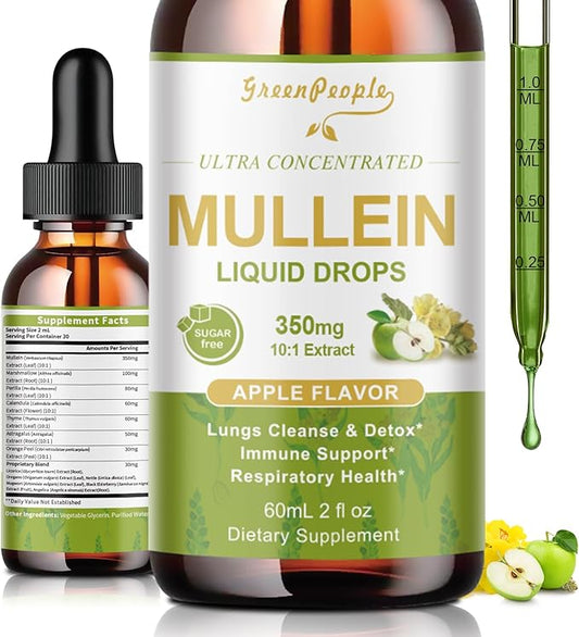 Mullein Leaf Extract Drops - 13-in-1 Botanical Extract Blend with Marshmallow Root for Wellness Support - Mullein Leaf Extract Supplement - Alcohol-Free Tincture, 2 fl oz, Apple