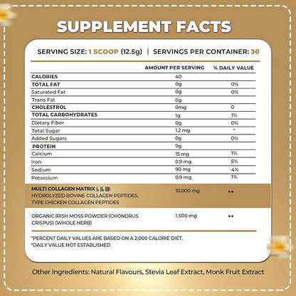 ORGANICS NATURE Collagen Peptides Powder with Irish Sea Moss Vanilla Caramel Flavored | Naturally Sourced Hydrolyzed Collagen w/Biotin for Hair, Skin, Nail, and Joint Support 30 Servings 380 gr