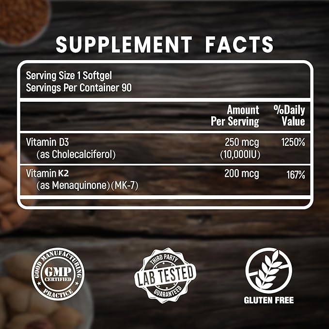 VANI Vitamins D3 (10000iu/250mcg) + K2 (as Mk7), for Bone & Muscle & Teeth Health, 90 SOFTGELS