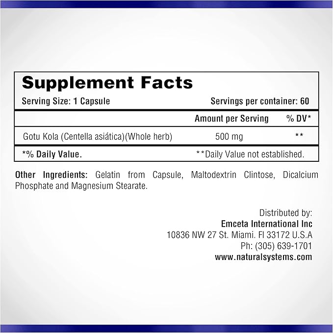 Centella Asiatica 500 mg 60 Capsules by Natural Systems - Gotu Kola Herb Moisturizer for Your Skin - Extract Also Beneficial for Calming Mind Tiredness