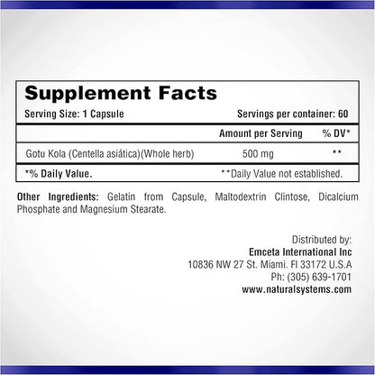 Centella Asiatica 500 mg 60 Capsules by Natural Systems - Gotu Kola Herb Moisturizer for Your Skin - Extract Also Beneficial for Calming Mind Tiredness