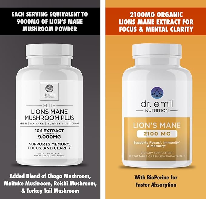 DR. EMIL NUTRITION 2100mg Organic Lions Mane Supplement Capsules - Focus, Mental Clarity & Cognition - Nootropic Lion's Mane Mushroom Supplement with Organic Lions Mane