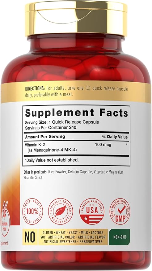 Carlyle Vitamin K2 Supplement 100 mcg | K2 MK-4 | 240 Capsules | Non-GMO & Gluten Free