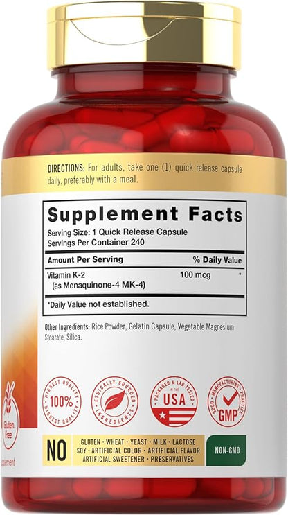 Carlyle Vitamin K2 Supplement 100 mcg | K2 MK-4 | 240 Capsules | Non-GMO & Gluten Free