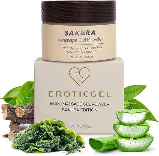 Sakura Edition Nuru Massage Gel Powder 40g | Aloe Vera, Seaweed, Liquorice, & Green Tea | Made in Japan | Paraben & Glycerine Free | Makes 1.05 gal | Unscented, Colorless and Tasteless