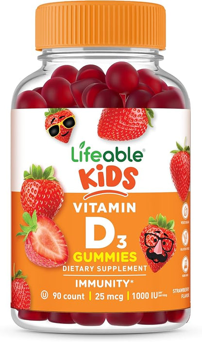 Lifeable Kids Vitamin D Gummies | Vitamin D3 1000iu | Great Tasting Vitamin D3 Gummies | D3 Vitamin for Strong Healthy Bones and Immune Support | Vitamin D for Kids, Boys, Girls | 90 Gummies