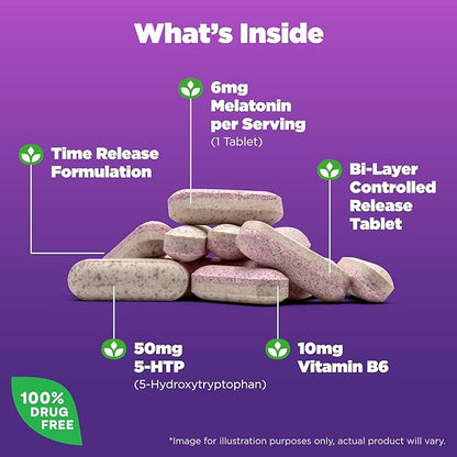 Natrol Advanced Sleep Melatonin + 5HTP, 6mg, Calming Sleep Aid for Restful Sleep, 60 Time-Release Tablets, 60-Day Supply