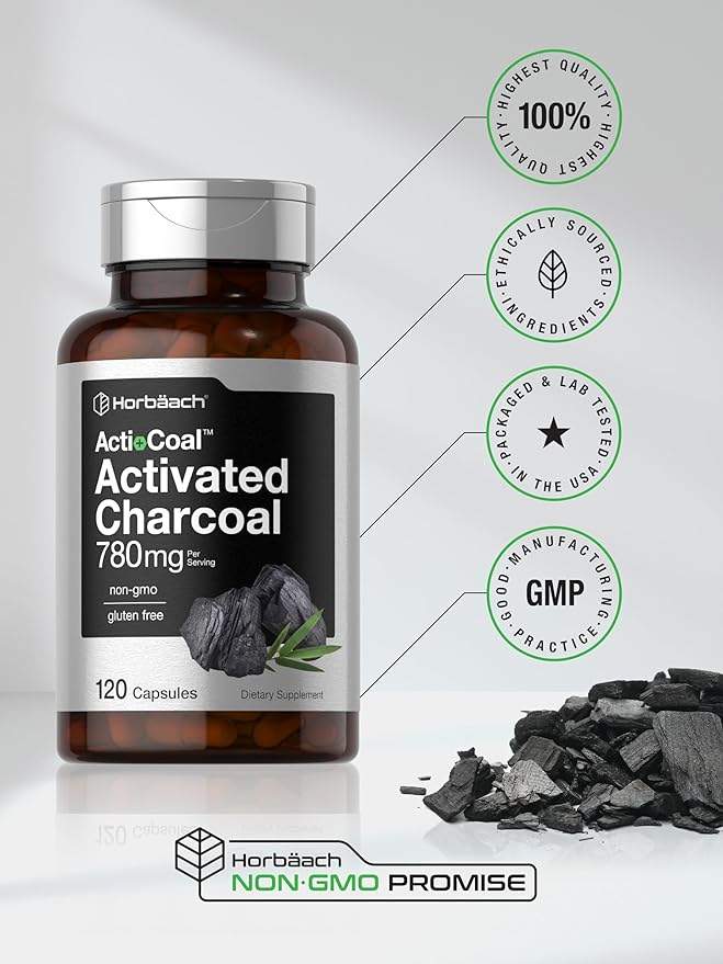 Horbäach Charcoal Pills 780mg | 120 Capsules | Activated Charcoal from Coconut Shells | Non-GMO and Gluten Free | Acti-Coal