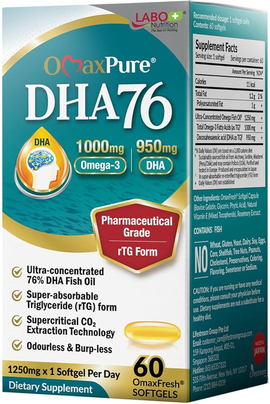 LABO Nutrition OmaxPure DHA76 Omega 3 Fish Oil, Ultra-Concentrated 76% 950mg DHA, EPA, 60 Count, Pharmaceutical Grade, Supercritical CO2 Extracted rTG Form, for Heart, Joint, Brain & Immune Health