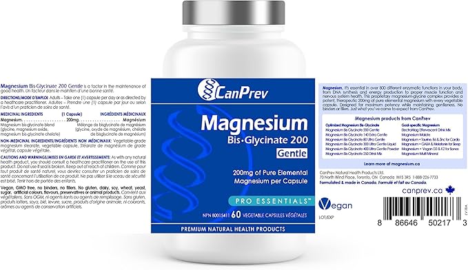 CanPrev Magnesium BisGlycinate 200mg Gentle 60 Veg Caps, 60-Day Supply, Chelated Magnesium Supplement for Bone & Muscle Support, Easy to Digest, Promote Relaxation & Comfort, Vegan, Non-GMO, No Sugar