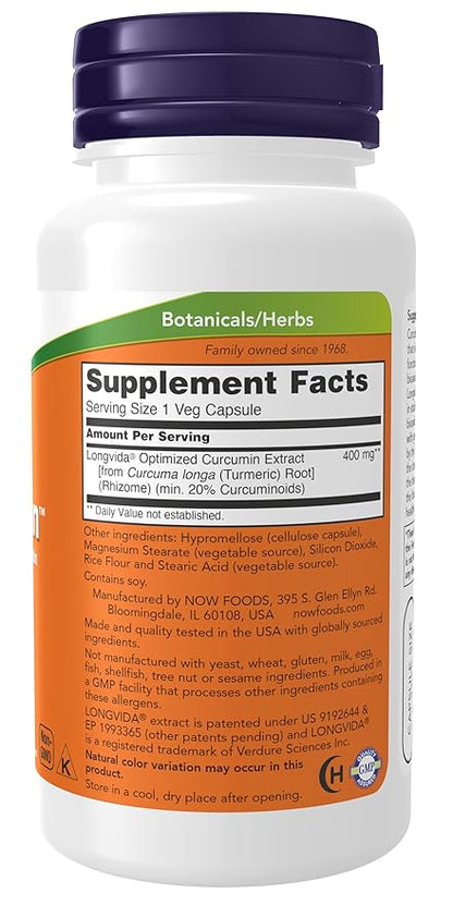 NOW Foods Supplements, CurcuBrain™ 400 mg with Longvida® Optimized Curcumin, 50 Veg Capsules