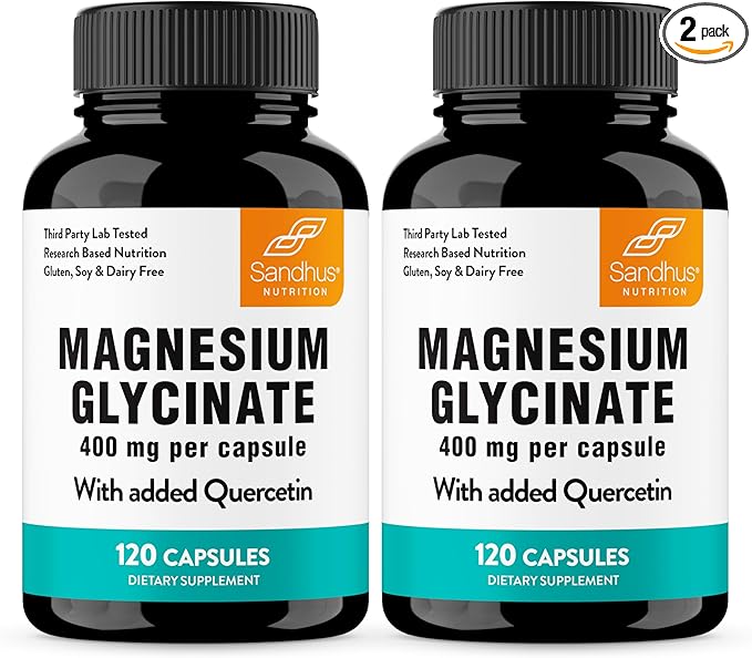 Magnesium Glycinate 400mg Capsules with Quercetin | Quality Sleep, Relaxation, Muscle, Bone Health & Immune Support | 120 Count (Pack of 2) | Easy to Swallow | for Women and Men
