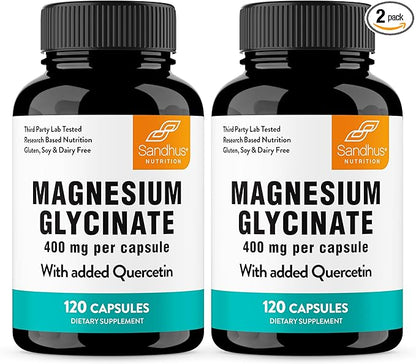 Magnesium Glycinate 400mg Capsules with Quercetin | Quality Sleep, Relaxation, Muscle, Bone Health & Immune Support | 120 Count (Pack of 2) | Easy to Swallow | for Women and Men