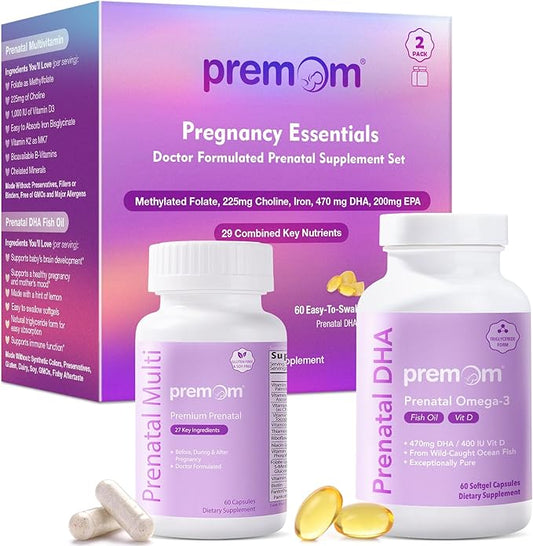 Premom Prenatal Vitamins for Women & Prenatal DHA Fish Oil - Conception for Her Multivitamin: 27 Nutrients + Triglyceride Omega 3 with 470mg DHA - Fertility Support for Women