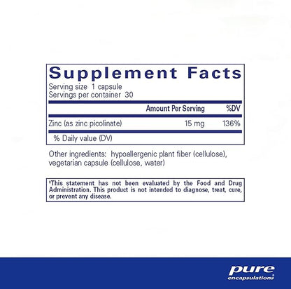 Pure Encapsulations Zinc 15 mg - Zinc Picolinate Supplement for Immune System Support, Growth & Development - for Wound Healing - 30 Capsules