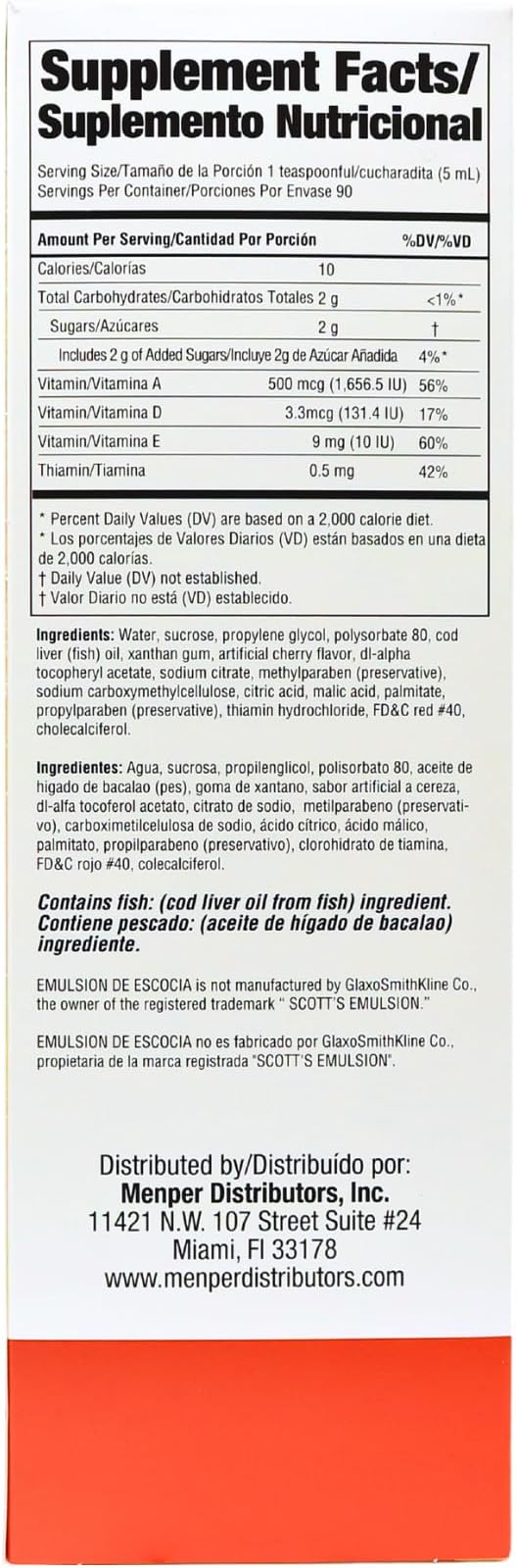Cod Liver Oil, Dietary Supplement, Vitamins A, B1, D and E, Immune System Support, Cherry Flavor (15.3 Fl Oz/Pack of 1)