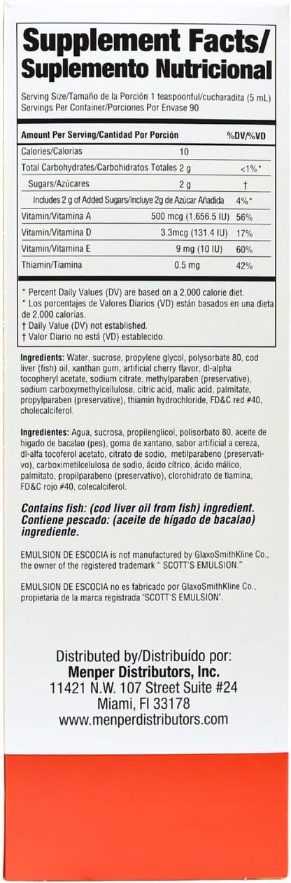Cod Liver Oil, Dietary Supplement, Vitamins A, B1, D and E, Immune System Support, Cherry Flavor (15.3 Fl Oz/Pack of 1)