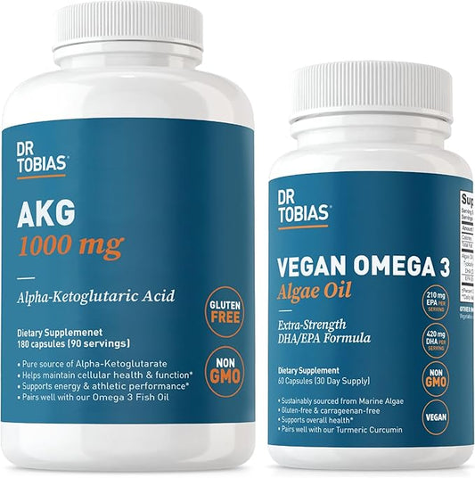 Dr. Tobias AKG Supplement & Vegan Omega 3 Algae Oil, Support Cellular Energy & Overall Health with AKG, EPA & DHA, Vegan, Gluten-Free, Non-GMO