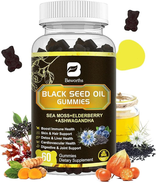 Black Seed Oil & Sea Moss Gummies, Organic Irish Sea Moss Gummies with Ashwagandha, Black Seed Oil, Elderberry, Turmeric, Vitamin D3/C and Zinc - Support Joints, Digestion, Hair & Skin