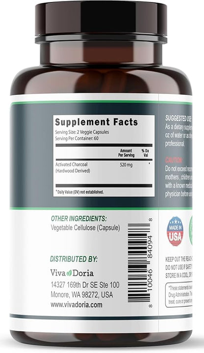 Viva Doria Activated Charcoal 520 mg, 120 Vegetable Capsules Highly Absorbent Helps Alleviate Gas & Bloating Supports Natural detoxification