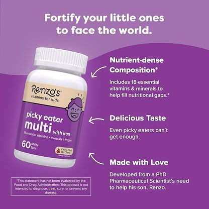 Renzo's Picky Eater Kids Multivitamin with Iron, Dissolving Kids Vitamins with Vitamin D3 & K2 and More, 60 Sugar-Free Melty Tabs, Cherry Cherry Mo’ Cherry Flavored