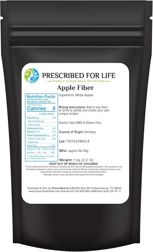 Prescribed For Life Apple Fiber Powder, Natural Apple Pectin Fiber Supplement for Digestive Health, Vegan, Non GMO, Gluten Free (1kg / 2.2lb)