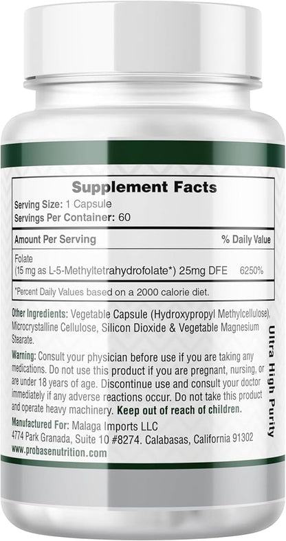 Professional Strength L-Methyl Folate 15mg - Active 5-MTHF Form - Supports Mood, Methylation, Cognition - Bioavailable Vitamin B9 (60 Capsules) - Vegan, Non-GMO, Gluten-Free