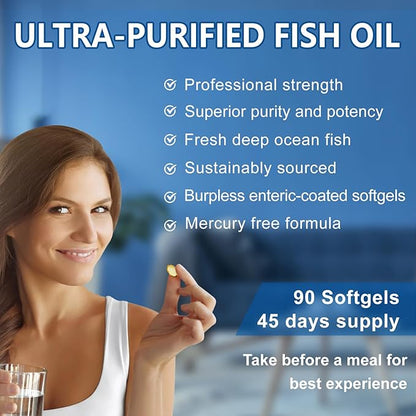 Omega 3 Fish Oil Supplements, 1280 mg Omega-3 Fatty Acids Including EPA and DHA, Wild-Caught Burpless Fish Oil Supplements Supports Heart, Brain and Eye Health, 90 Softgels