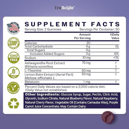 TruHeight Sleep Gummies - Kids & Teen Natural Sleep Aid for Maximum Growth - Pediatric Recommended - Kids Melatonin Gummy - Melatonin, Ashwagandha, L Theanine, Lemon Balm, Ages 4+, Mixed Berry Flavor