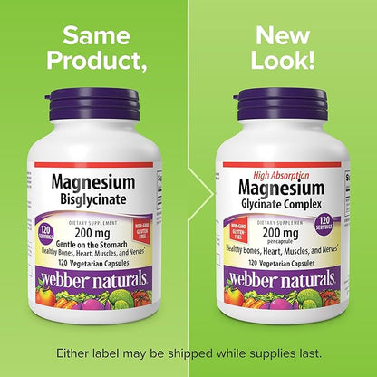 Webber Naturals Magnesium Glycinate Complex 200 mg, 180 Vegetarian Capsules, High Absorption Formula, Supports Bones, Heart, Muscles & Nerves, One-per-Day, Vegan