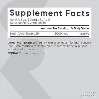 Sports Research Triple Strength Omega 3 Burpless Fish Oil 1250mg from Wild Alaska Pollock, Vitamin D3 5000 IU with Coconut MCT Oil (125mcg) and Vegan Biotin 5000mcg Vitamin B7-30 Softgels Each