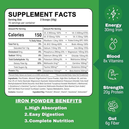 Smart Eats - High Iron Drink & Smoothie Powder with Protein, Vitamins, Fiber, Antioxidants | Support Energy, Hair, Brain, Blood | Gentle, Non-Constipating | Vegan, Keto | Chocolate Flavor | 30 Scoops