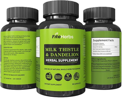 Milk Thistle & Dandelion 1000Mg - Digestive Health Support - Liver Detox Health Capsules - Vegan Milk Thistle Herbal Supplements - High-Potency Antioxidant Pills - 90 Count