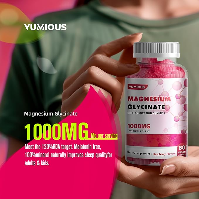 Magnesium Glycinate Gummies 1000mg - for Adults Magnesium Potassium Supplement with Vitamin D, B6, CoQ10 for Calm Mood & Sleep Support - 60 Raspberry Gummies -1 Pack
