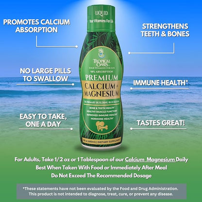 Premium Liquid Calcium Magnesium Supplement | Promotes Strong Bones & Healthy Teeth | Natural Liquid Vitamin w/Calcium, Magnesium Citrate, Boron & Vitamin D3 | 98% Max Absorption | 16oz, 32 Serv