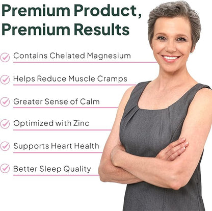 Pure Magnesium Glycinate with Zinc - Maximum Strength Chelated Magnesium Supplement for Women and Men for Muscle Cramps and Sleep Support - 3 Bottles